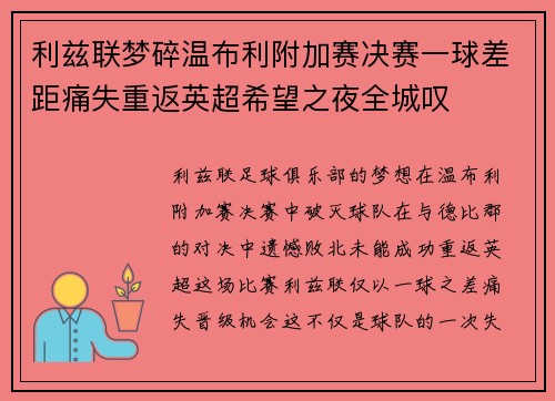 利兹联梦碎温布利附加赛决赛一球差距痛失重返英超希望之夜全城叹 利兹联梦碎温布利附加赛决赛一球差距痛失重返英超希望之夜全城叹