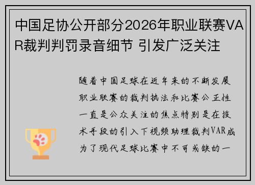 中国足协公开部分2026年职业联赛VAR裁判判罚录音细节 引发广泛关注